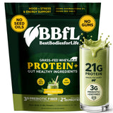 BBfL Grass-Fed Whey Protein Shake - 21g rBGH-Free Protein, Matcha + Apple Cider Vinegar, Prebiotics, Digestive Enzymes, Adaptogens for Stress & Mood