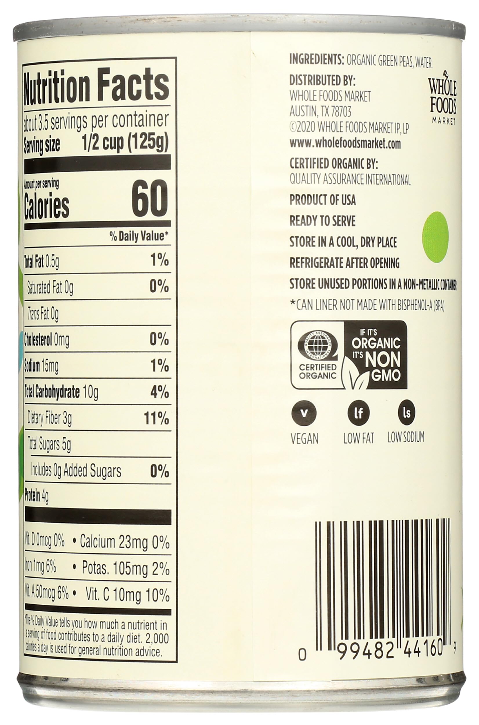 365 by Whole Foods Market, Organic Sweet Peas No Salt Added, 15 oz
