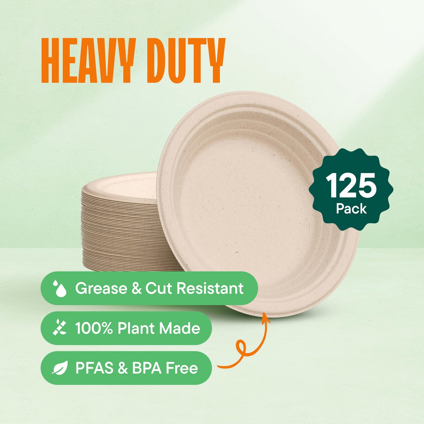Deep Dish Paper Plates, Heavy Duty Disposable Dinner Plates [125-Pack] 9 Inch Plates - 100% Compostable Eco-Friendly, Biodegradable Sugarcane Bagasse