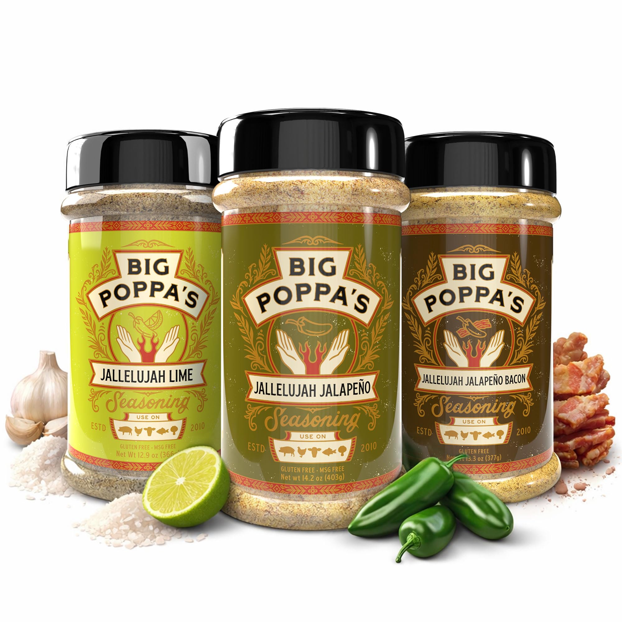 Big Poppa’s Jallelujah Seasoning Set - Gourmet Spice Trio with Jalapeño, Jalapeño Bacon & Lime Rubs - Seasonings for Chicken, Pork & More - Ultimate