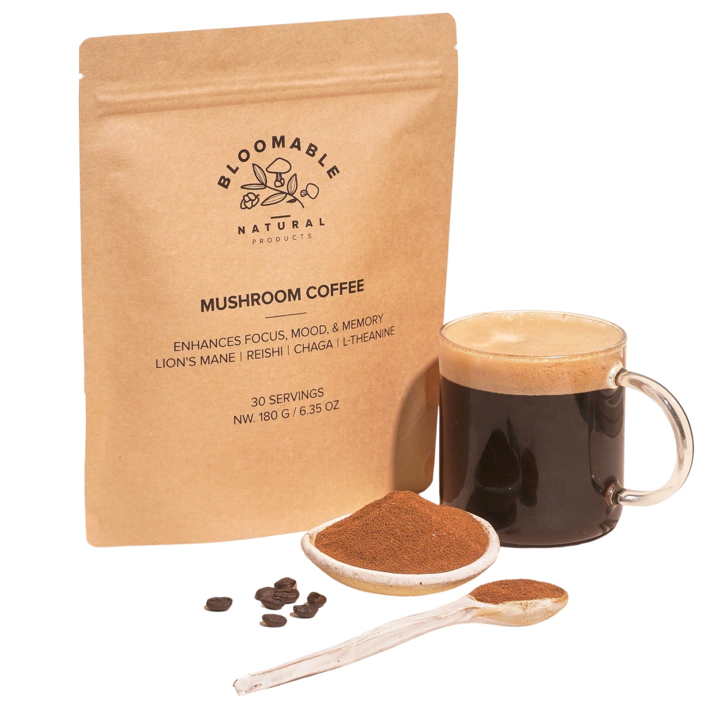 Mushroom Coffee by Bloomable Premium Instant Coffee with Lion's Mane, Reishi, Chaga Mushroom Extracts | Improve Focus, Memory, & Immunity | 30