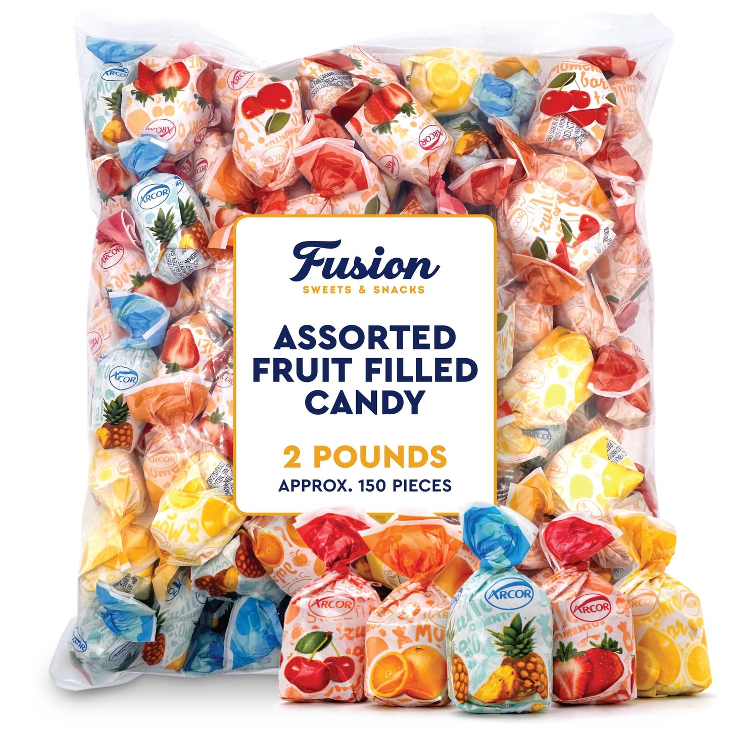 Arcor Fruit Filled Hard Candy - Assorted 2 Pounds Bulk Bag (Approx. 150 Pieces), Bon Bons Fruitfuls candy, Individually Wrapped Hard Candy. Pineapple