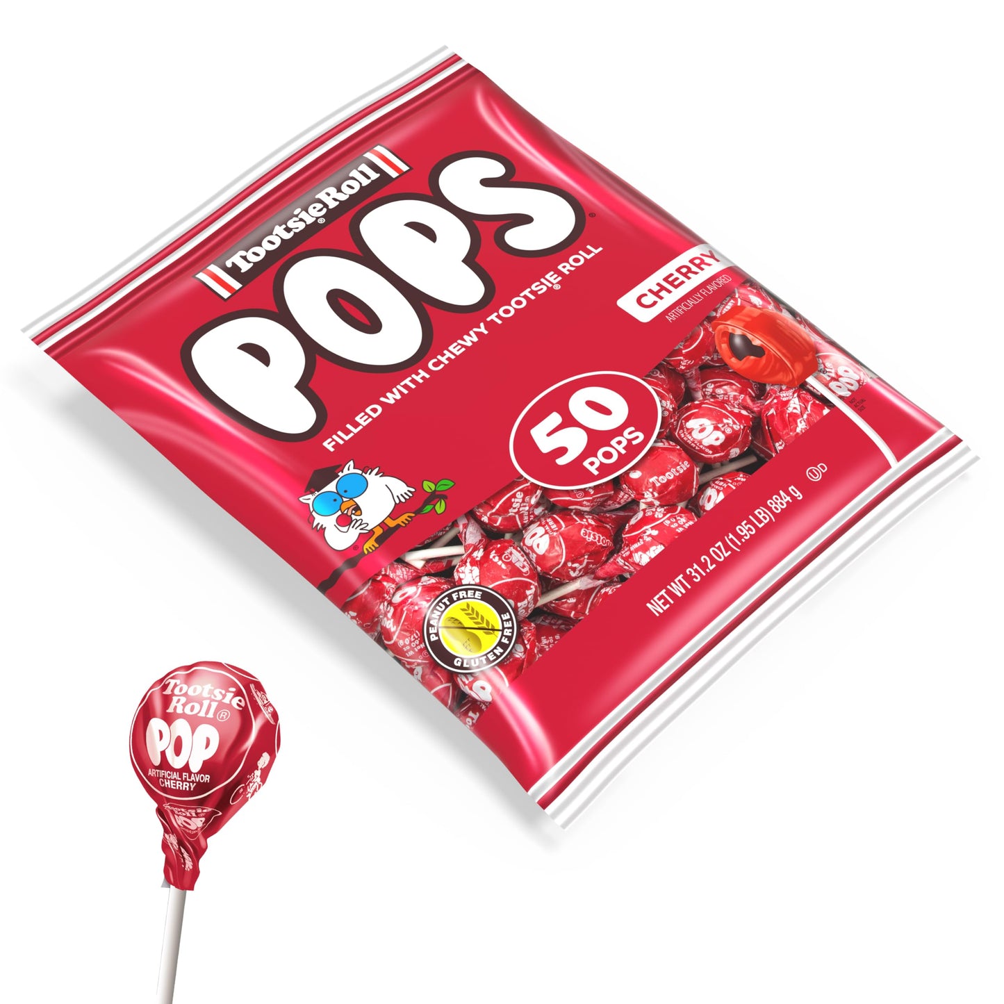 Tootsie Pops Single Flavor Bag - Cherry Flavored Lollipops with Chocolatey Center - Individually Wrapped Hard Candy - Red Candy - Peanut Free, Gluten