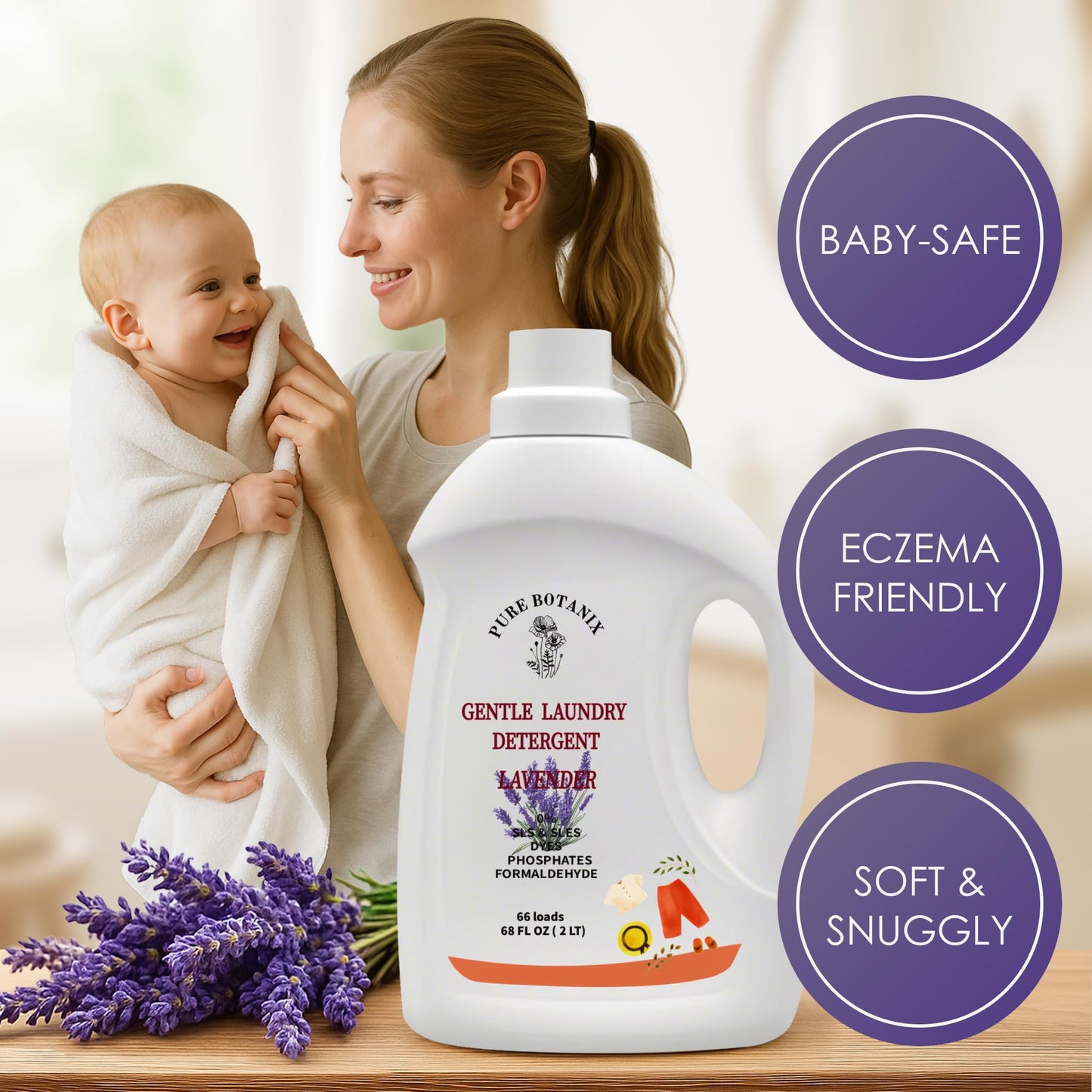 PURE BOTANIX Lavender Plant-Based Hypoallergenic Laundry Detergent, Gentle & Non-Toxic Soap for Sensitive Skin, EWG Verified, Concentrated, 68 Fl Oz |