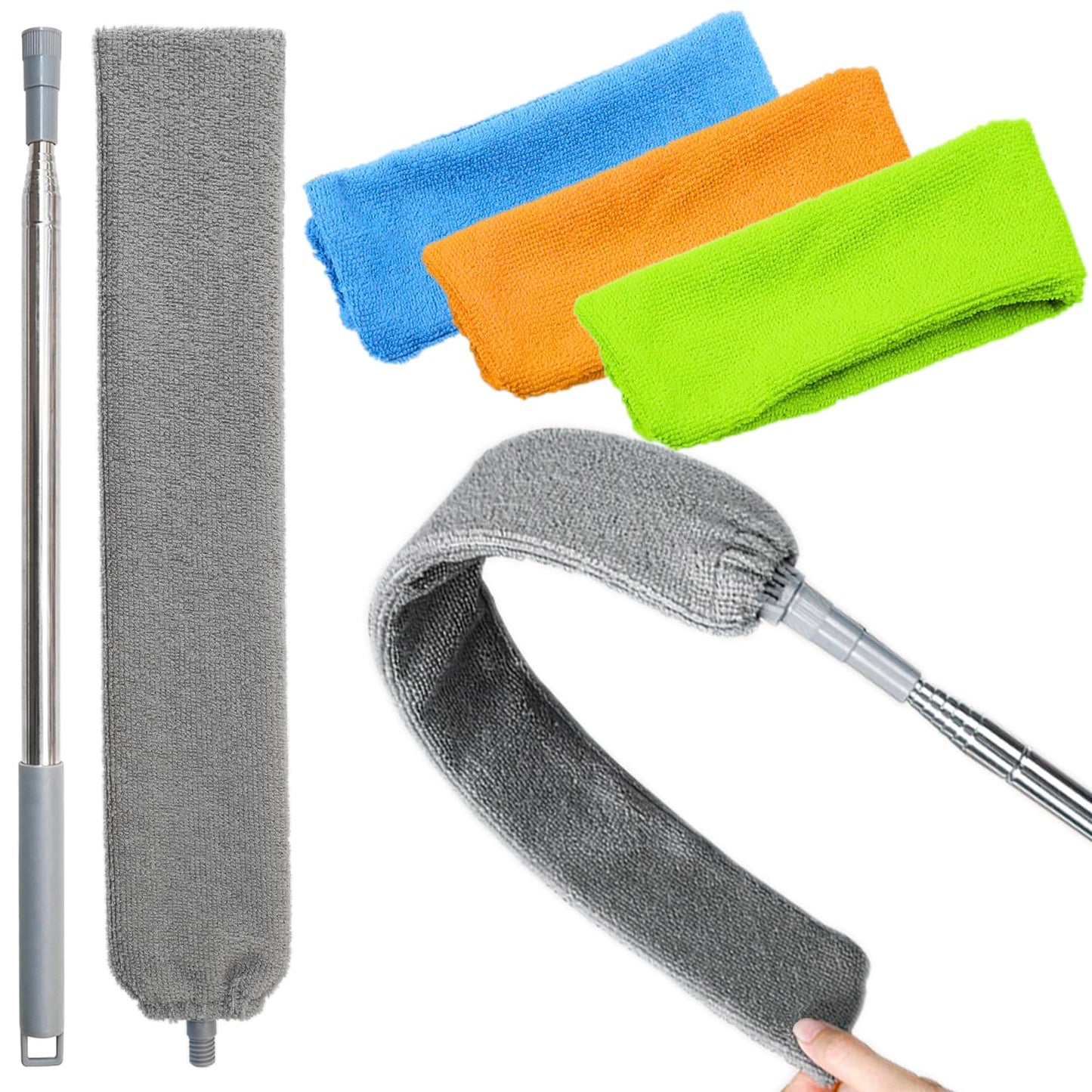 100 inches Retractable Gap Dust Cleaner Cleaning Tools with 4 Microfiber Dusting Cloths Long Handle, Washable and Retractable Duster Brush