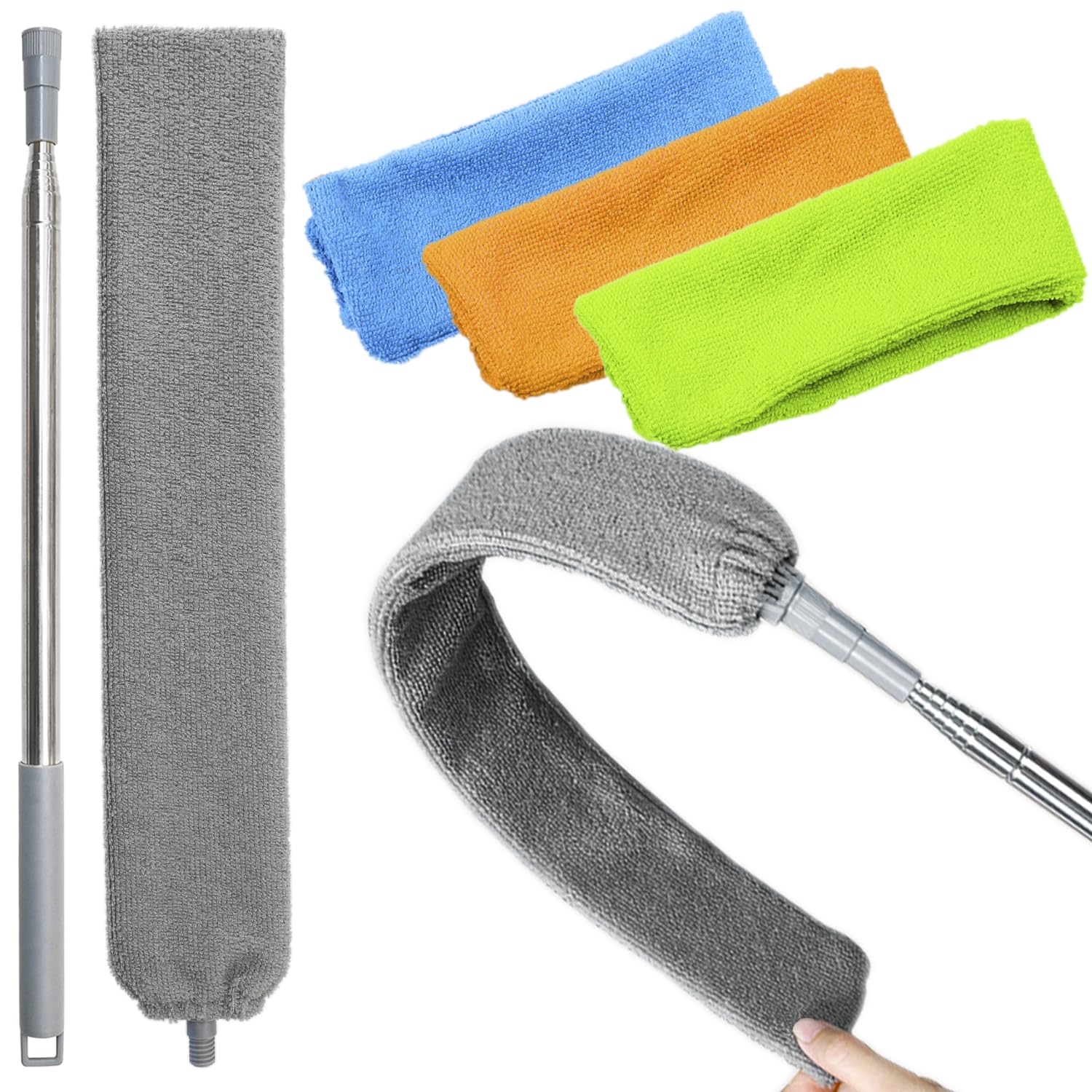 100 inches Retractable Gap Dust Cleaner Cleaning Tools with 4 Microfiber Dusting Cloths Long Handle, Washable and Retractable Duster Brush