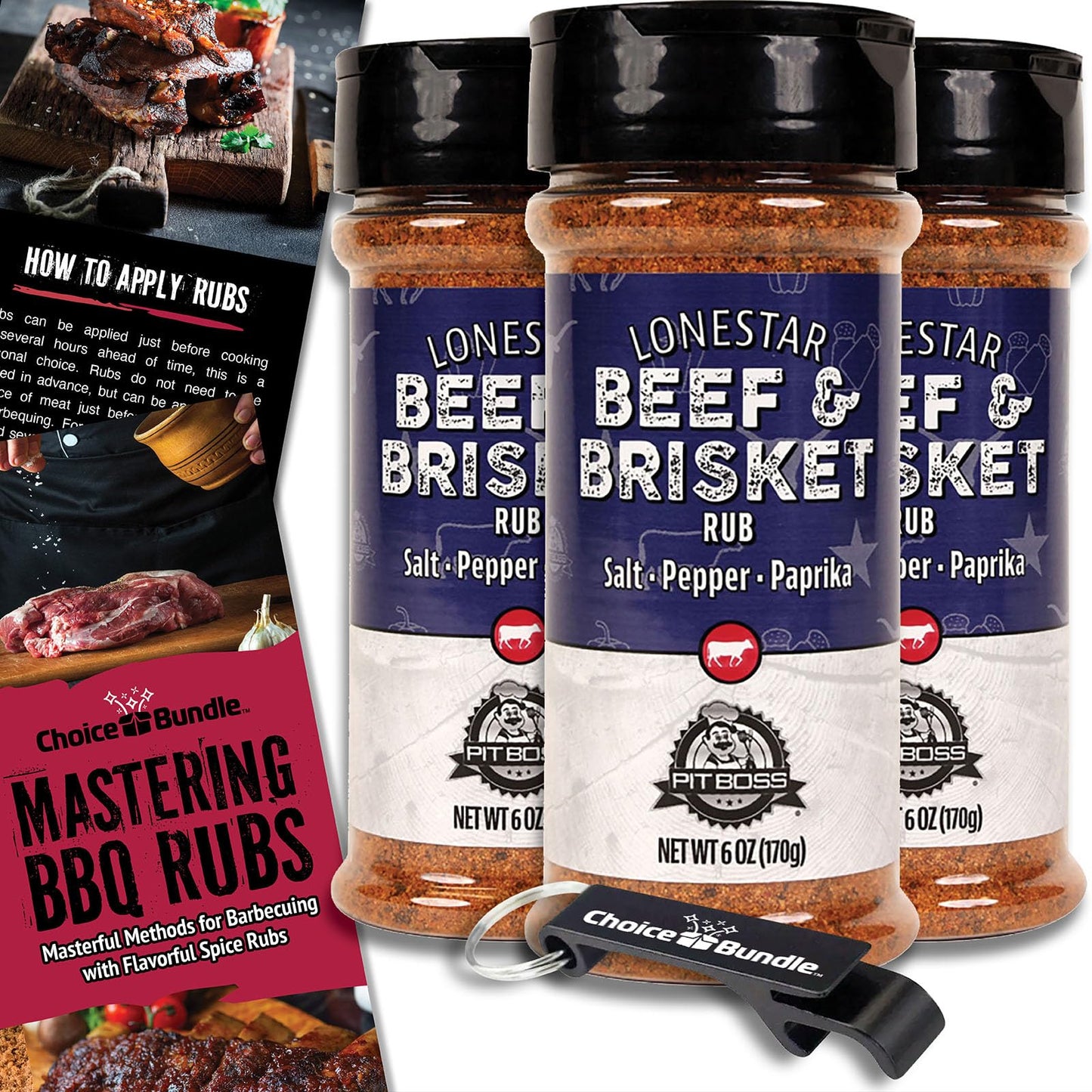 Pit Boss Lonestar Brisket - Texas Style Premium BBQ Barbecue Mixed Seasoning Spice & Rub 3 Pk Choice Bundle (18 oz) + Guide & Bottle Opener (5 Items)!