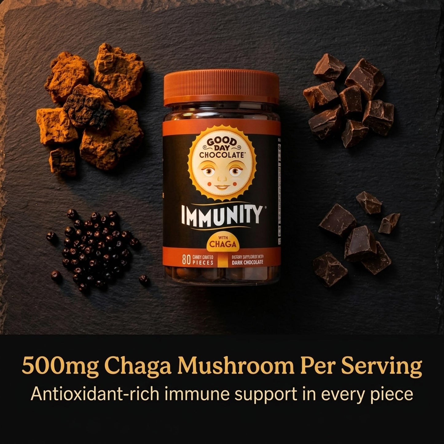 Good Day Chocolate Immunity - Dark Chocolate with Elderberry, Zinc & Chaga Mushroom for Immune Support - Easy Daily Chocolate Supplement - 80 Count