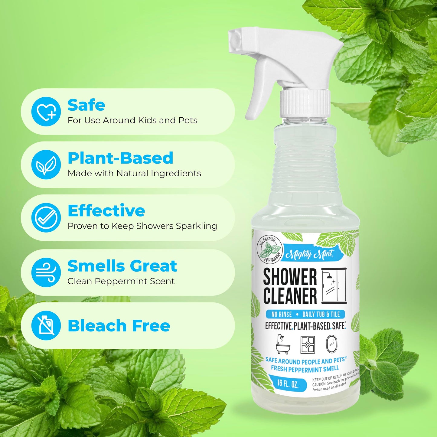 Mighty Mint Daily Shower Cleaner Spray - No Rinse, No Scrub Solution for Glass, Tile & Grout - Plant Based Formula with Peppermint Scent - 16 oz.