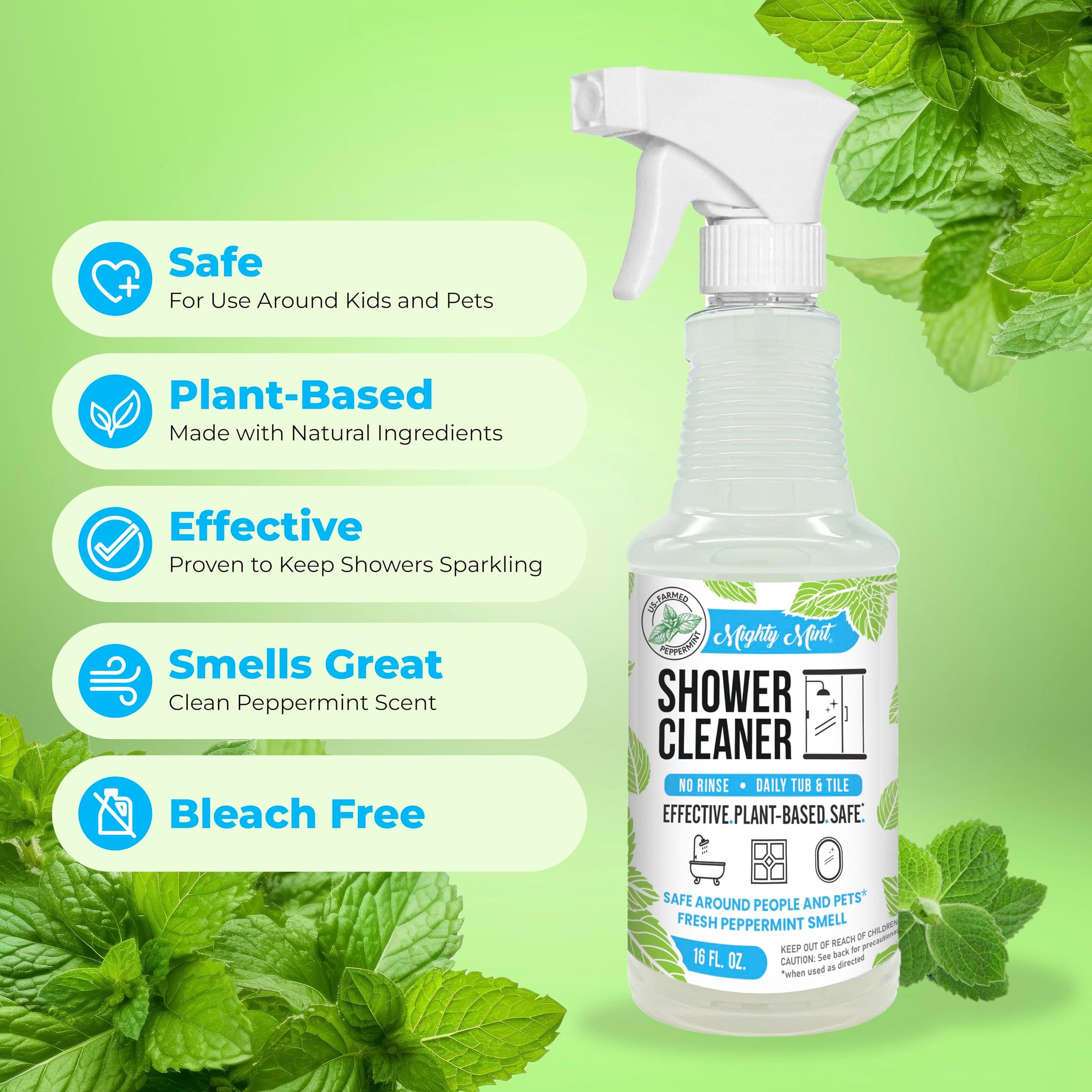 Mighty Mint Daily Shower Cleaner Spray - No Rinse, No Scrub Solution for Glass, Tile & Grout - Plant Based Formula with Peppermint Scent - 16 oz.