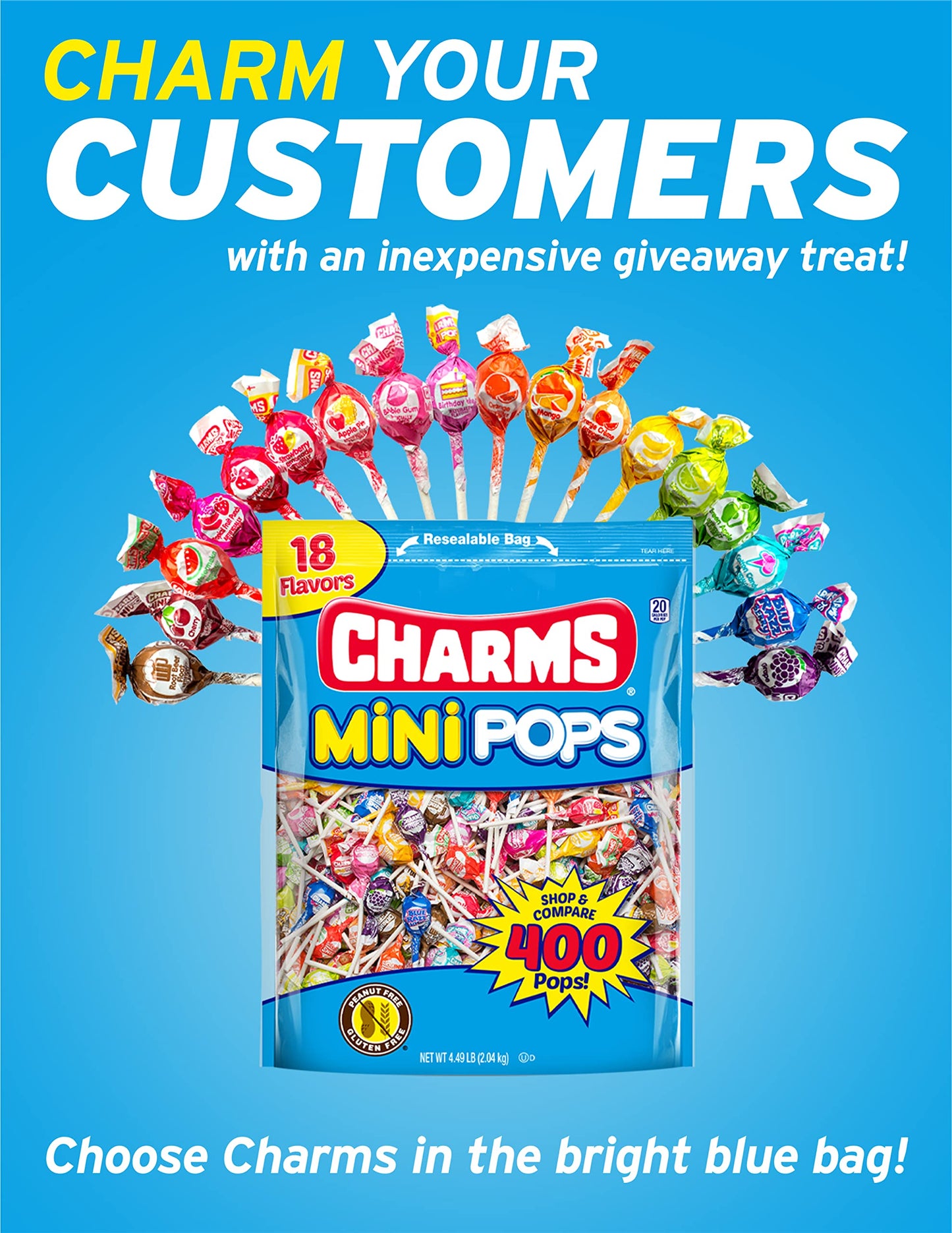 Charms Mini Pops - 4.5 lb Bag of Individually Wrapped Fruity Hard Candy Lollipops in 18 Fun Flavors - Peanut and Gluten Free, 400 Count