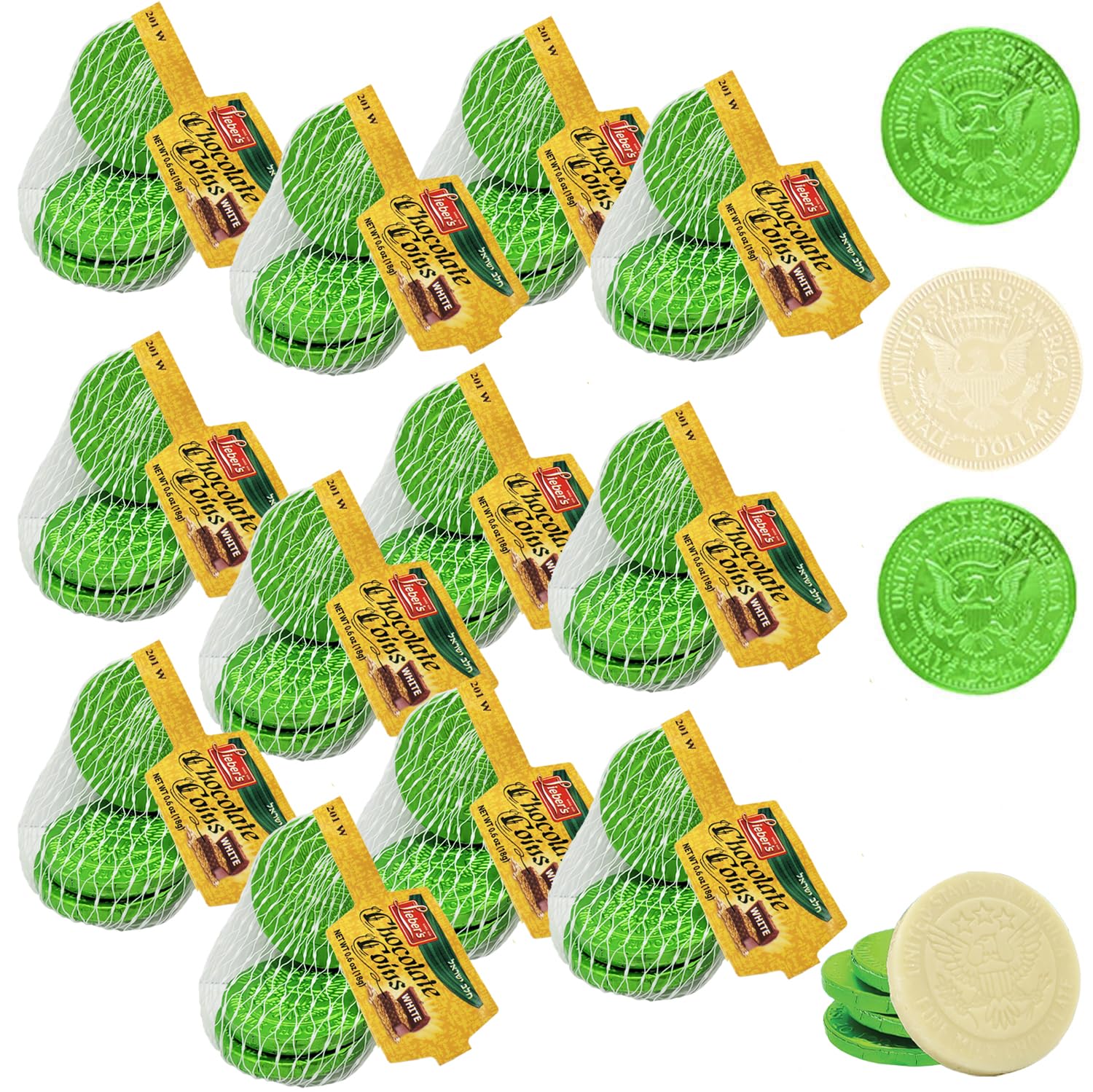 The Dreidel Company 12 Hanukkah Mesh Bags White Coins, Chanuka Gelt in Mesh Bags, Made in Israel Cholov Yisroel