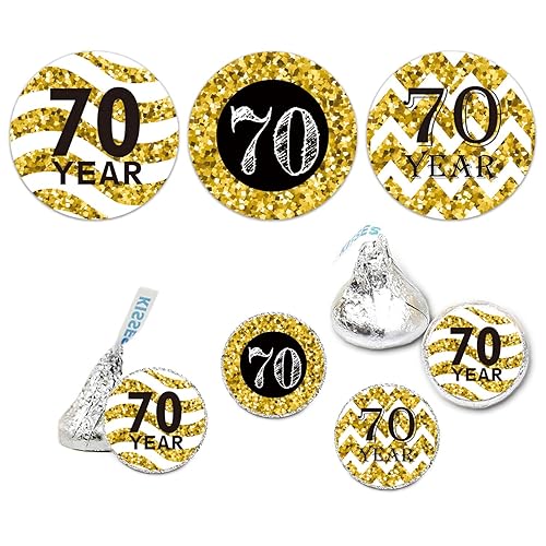 180 Count 70th Birthday Party Favor Labels, Chocolate Drops Stickers for Anniversary, Black and Gold Decorations