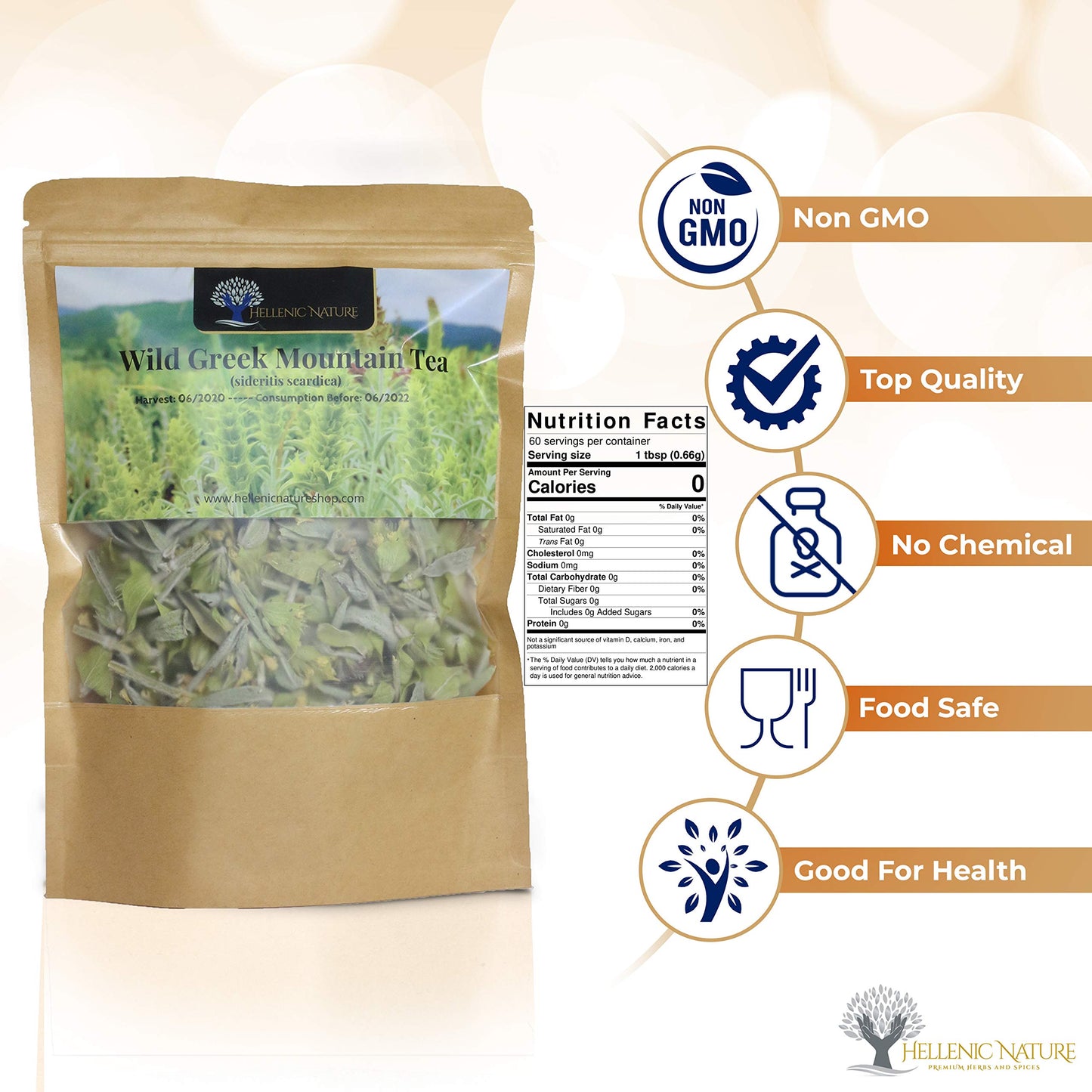 Organic Greek Mountain Tea Premium Quality from Mount Olympus Handpicked and Air-Dried (sideritis scardica) 40g (1.41oz) approx 60 Cups in DoyPack