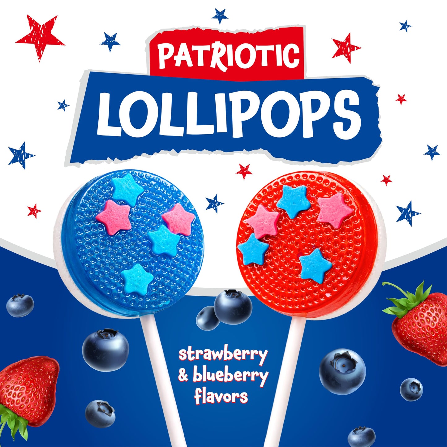 Patriotic Candy - 40 Count - 4th of July Lollipops Individually Wrapped - Red White and Blue Candy - Double-Sided Flat Lollipops - Strawberry