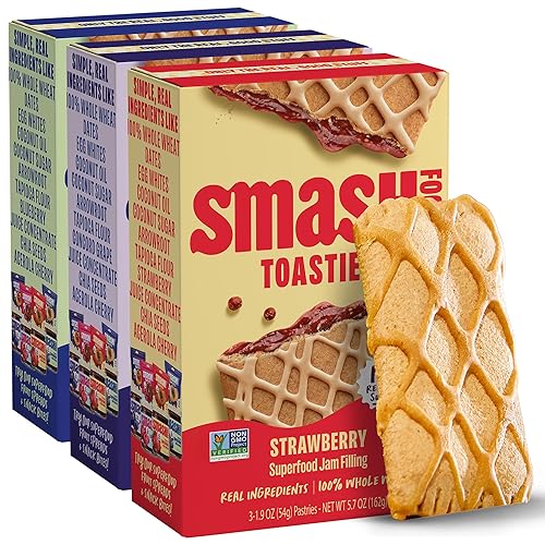 Smash Foods Toasties Variety 3 Pack - Healthy Whole Wheat Toaster Pastries Strawberry, Blueberry, Grape - No Refined Sugar, Real Fruit Filling - 9