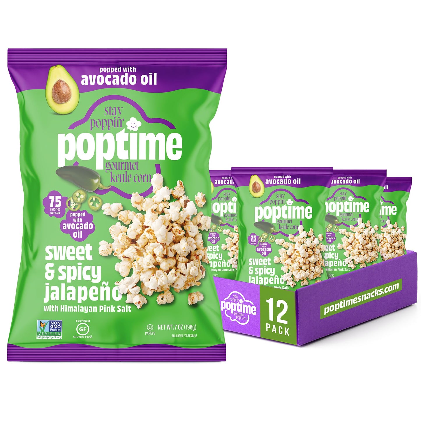 Poptime Sweet & Spicy Jalapeño Kettle Cooked Popcorn, 7 oz Snack Bags, Kettle Corn with Avocado Oil & Himalayan Pink Salt, Low Calorie Healthy Snack