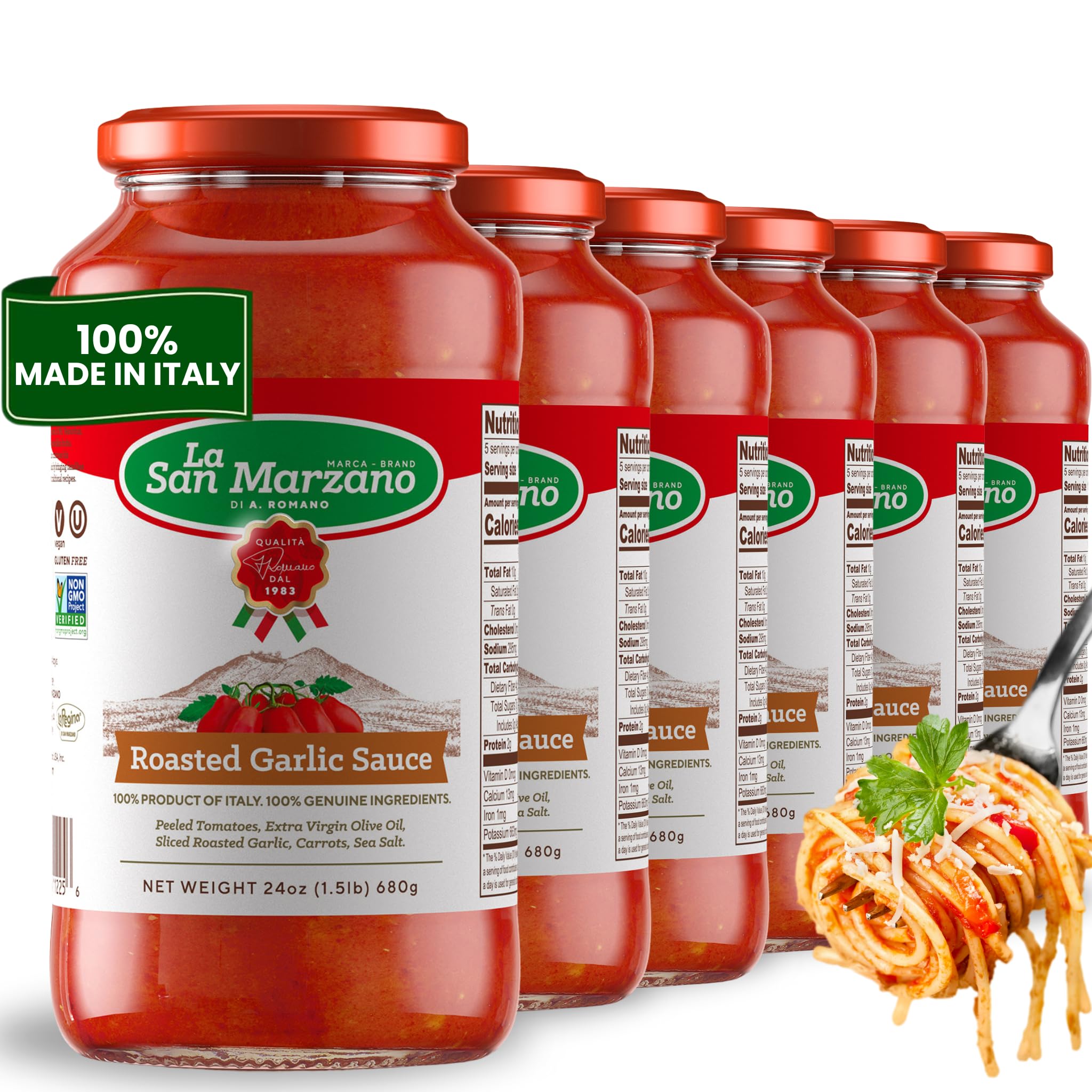 La San Marzano Roasted Garlic Sauce, 24 oz, Pasta Sauce Made in Italy, All Purpose Tomato Premium Quality, All Natural, Mediterranean Diet, Non GMO