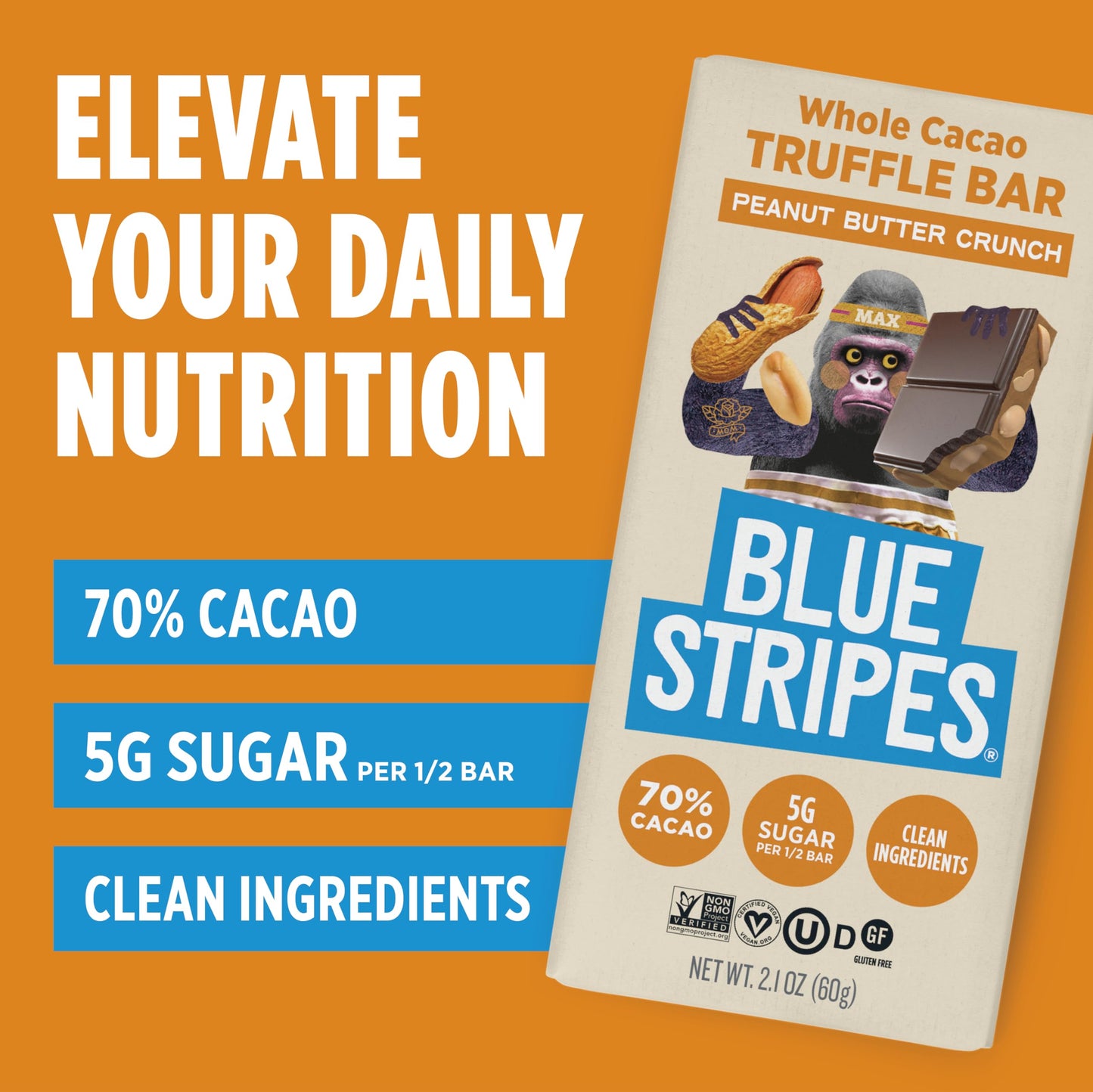 Blue Stripes - Peanut Butter Crunch Whole Cacao Truffle Chocolate Bars, 70% Cacao, Peanut Butter Crunch, Healthy Chocolate, Vegan, No Refined Sugar
