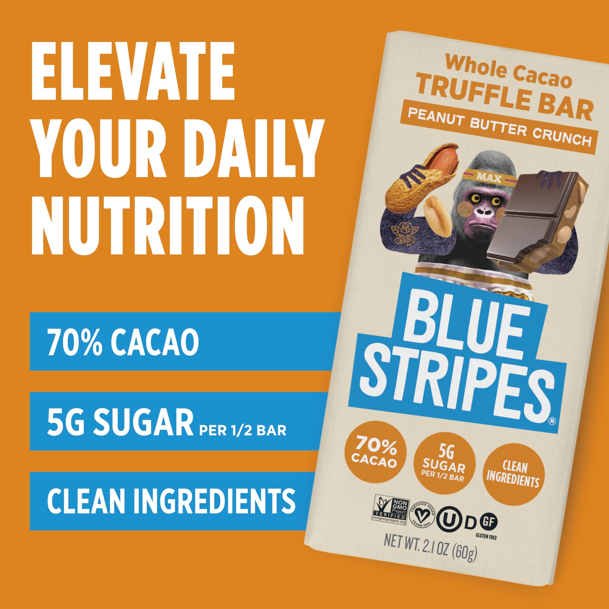 Blue Stripes - Peanut Butter Crunch Whole Cacao Truffle Chocolate Bars, 70% Cacao, Peanut Butter Crunch, Healthy Chocolate, Vegan, No Refined Sugar