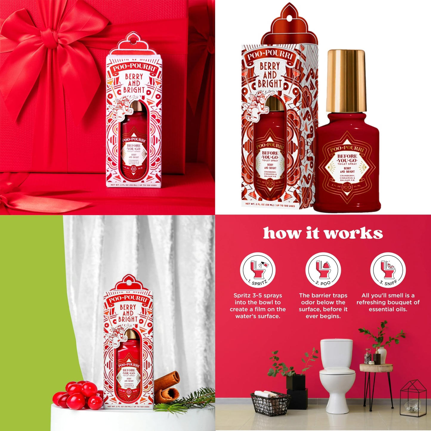 Poo-Pouri Before-You-Go Holiday Toilet Spray, Berry and Bright, 2 Fl Oz Pack of 2 - Cranberry, Cinnamon and Balsam Fir