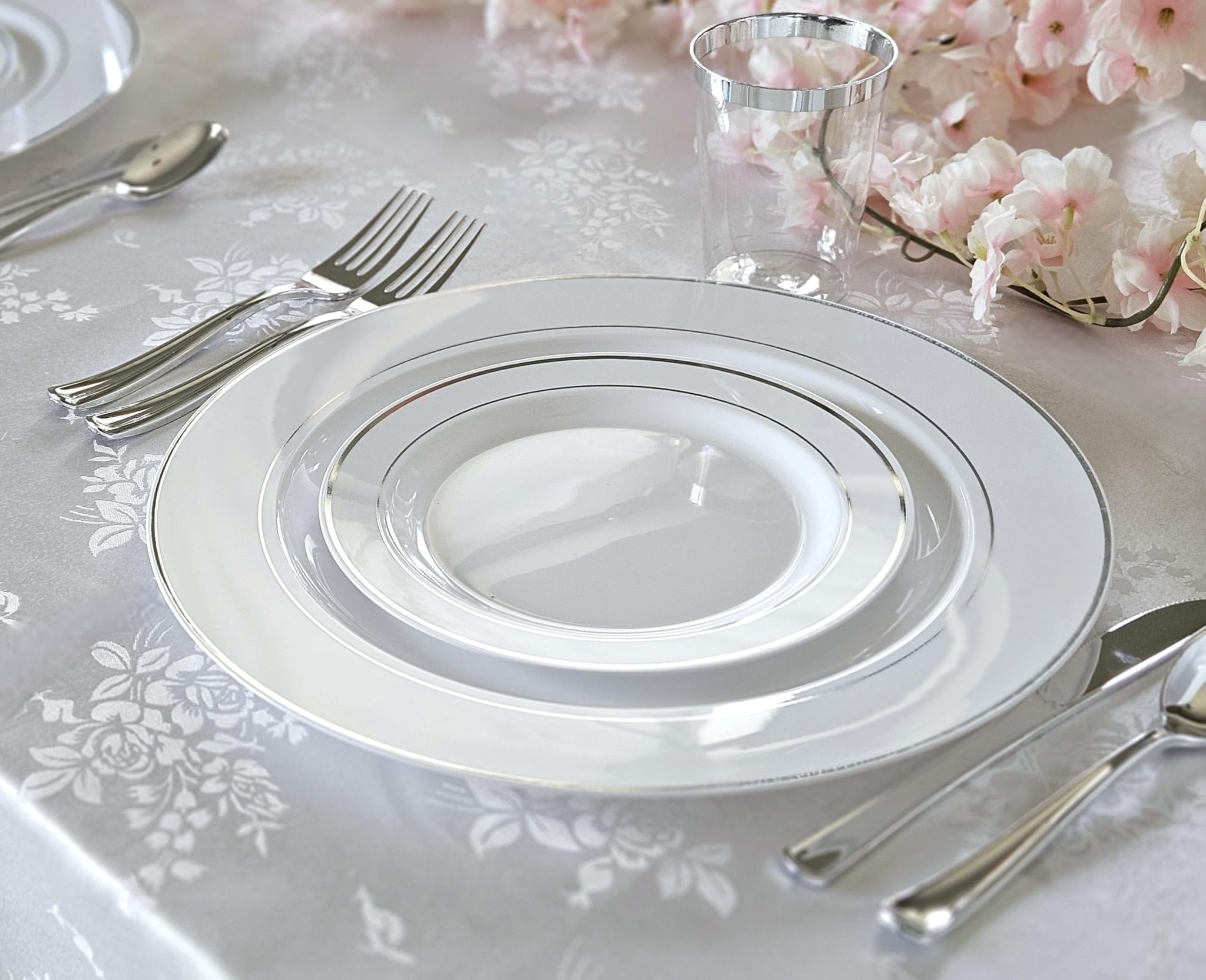 " OCCASIONS " 320 pcs/40 Guest-Full Tableware Set-Wedding Disposable Plastic Plates Silverware, Silver Rimmed Tumblers and White Paper Napkins (Combo