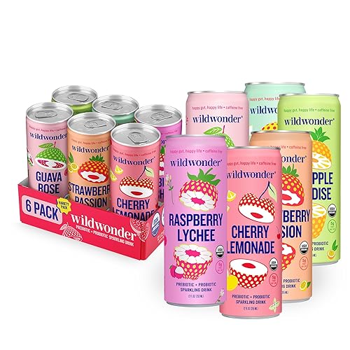 wildwonder Sparkling Probiotic Drink 6pk, For Gut Health & Immune Support, Classic Variety Pack, 5g Prebiotic Fiber, Live Probiotics, Organic, Vegan
