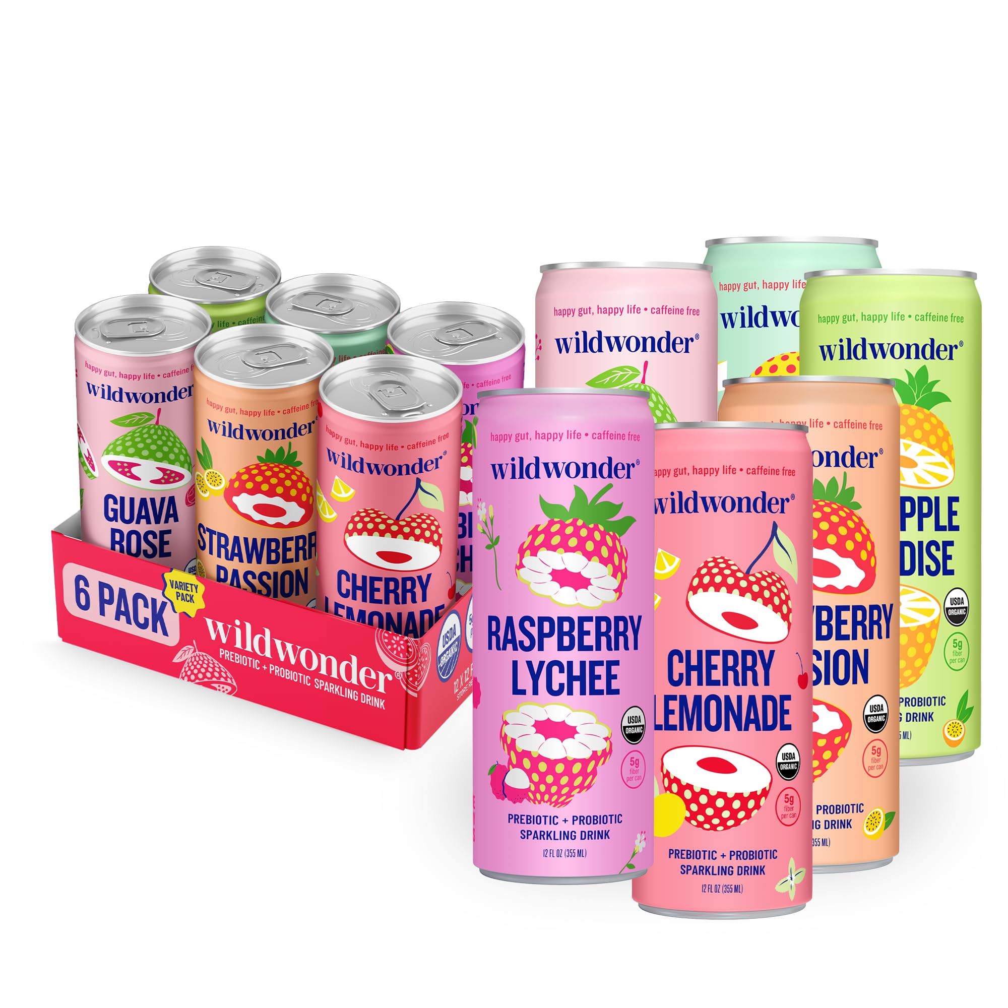 wildwonder Sparkling Probiotic Drink 6pk, For Gut Health & Immune Support, Classic Variety Pack, 5g Prebiotic Fiber, Live Probiotics, Organic, Vegan