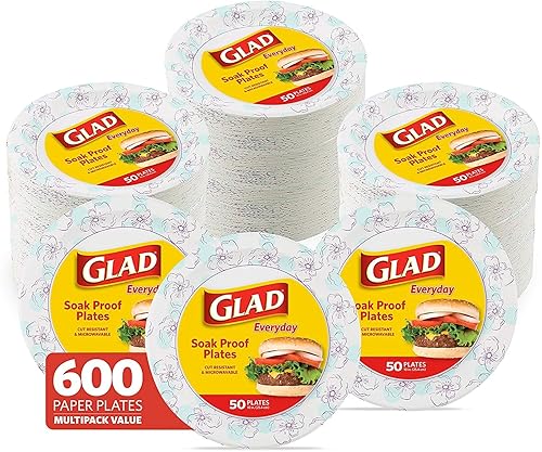 Glad 600-Count Round Paper Plates, 10 Inch Blue Flower Design, 50 Ct x 12 Pack of Heavy Duty Soak Proof Cut Resistant Microwave Safe Plates for Meals