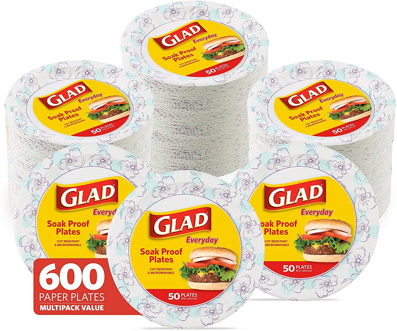 Glad 600-Count Round Paper Plates, 10 Inch Blue Flower Design, 50 Ct x 12 Pack of Heavy Duty Soak Proof Cut Resistant Microwave Safe Plates for Meals