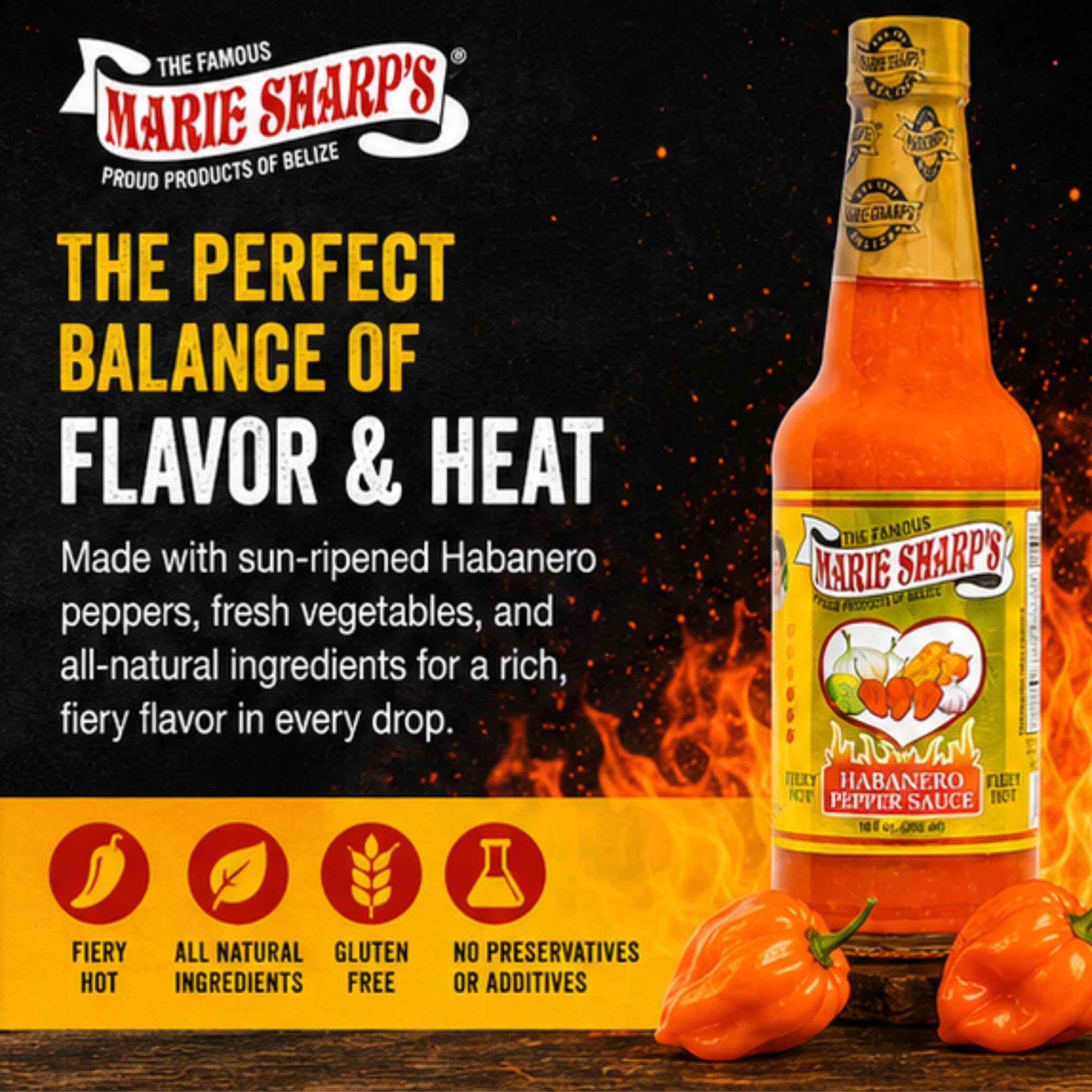 Marie Sharp’s Fiery Hot Habanero Pepper Sauce, 10 oz - Extra Hot Belizean Hot Sauce with Intense Heat & Flavor - All-Natural, Gluten-Free (Pack of 3)