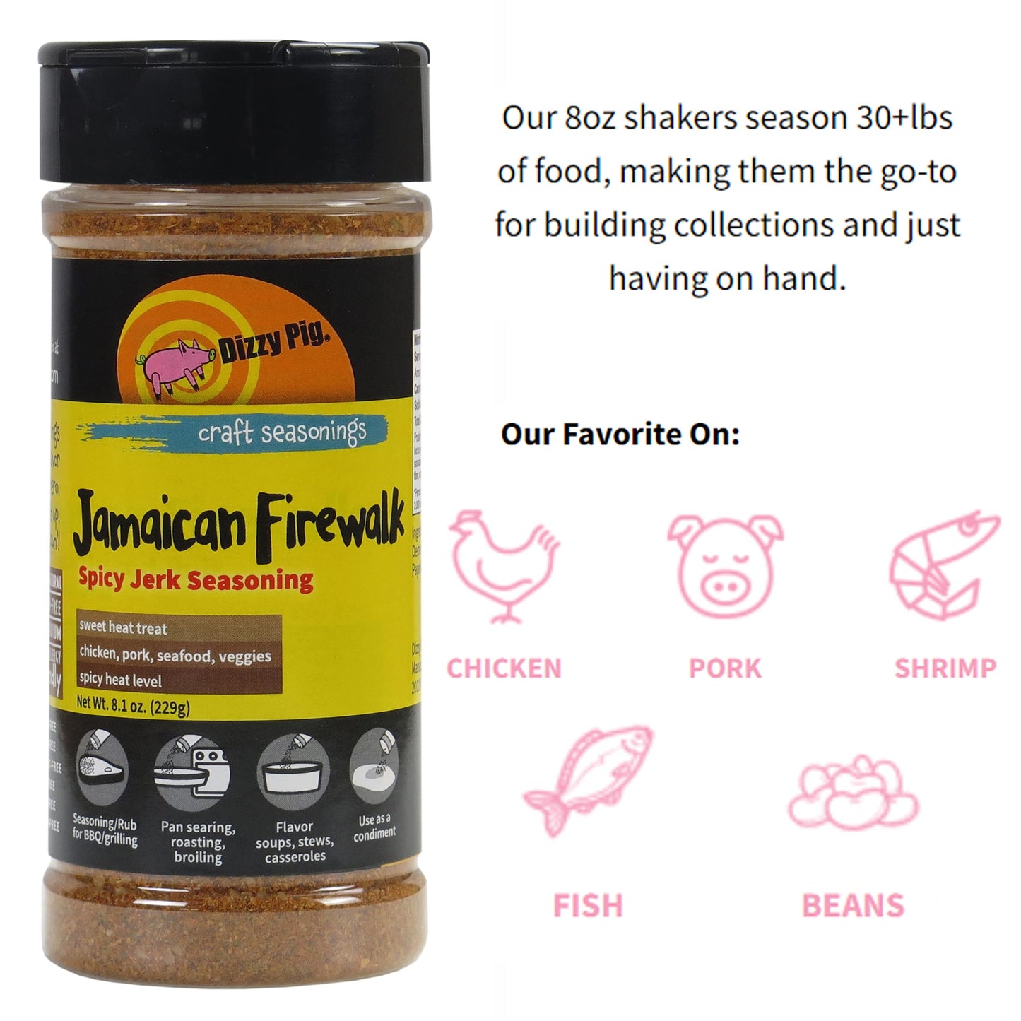 Dizzy Pig Jamaican Firewalk Spicy Jerk Seasoning Rub (8oz Shaker) - Seasons 30+lbs of Food - Hand Made in the USA - MSG Free, Gluten Free