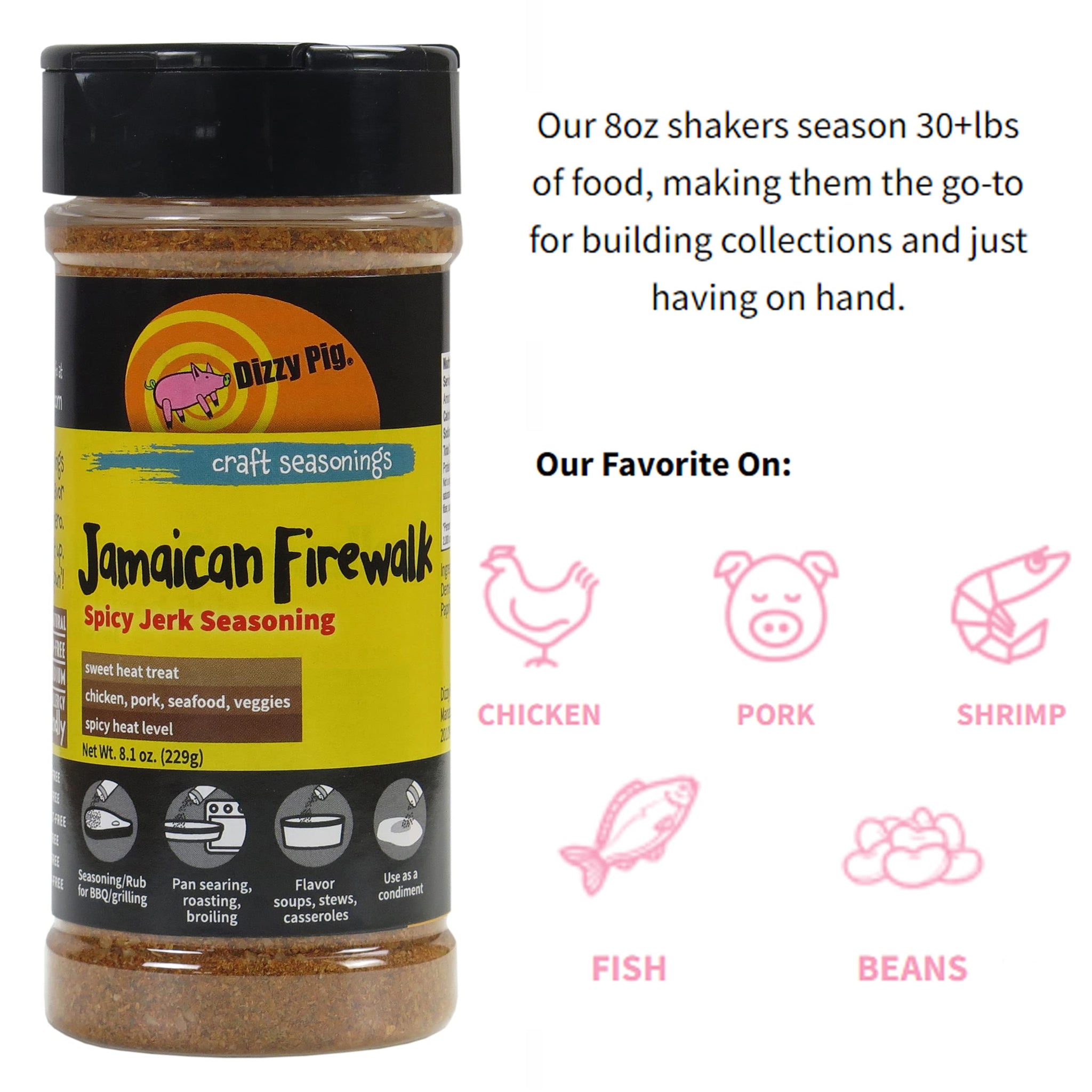 Dizzy Pig Jamaican Firewalk Spicy Jerk Seasoning Rub (8oz Shaker) - Seasons 30+lbs of Food - Hand Made in the USA - MSG Free, Gluten Free