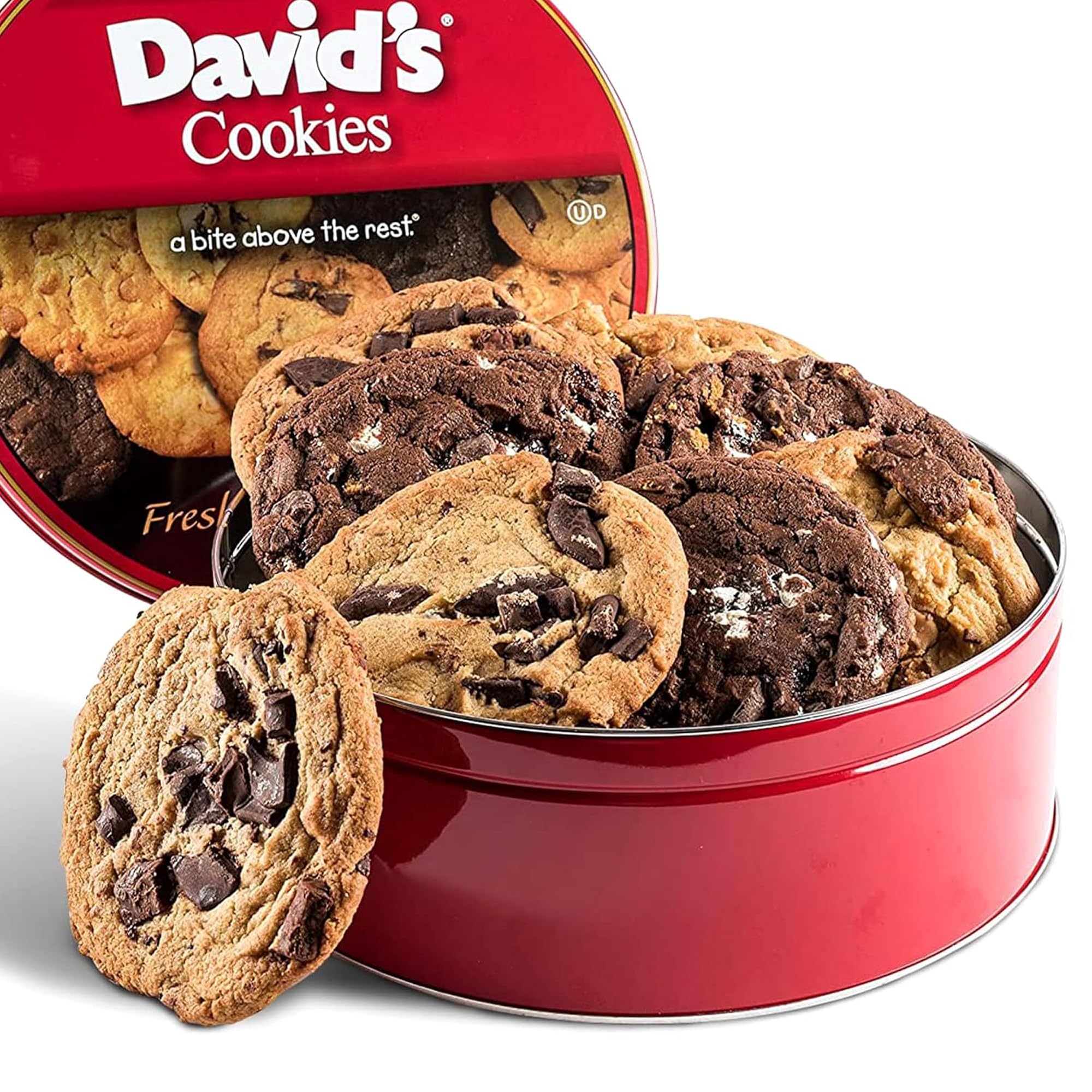 David's Cookies Assorted Fresh Baked Decadent Cookie Gift Tin - 2lb Basket with 8 Jumbo Cookies - Soft and Chewy Bakery-Style Dessert for Birthdays
