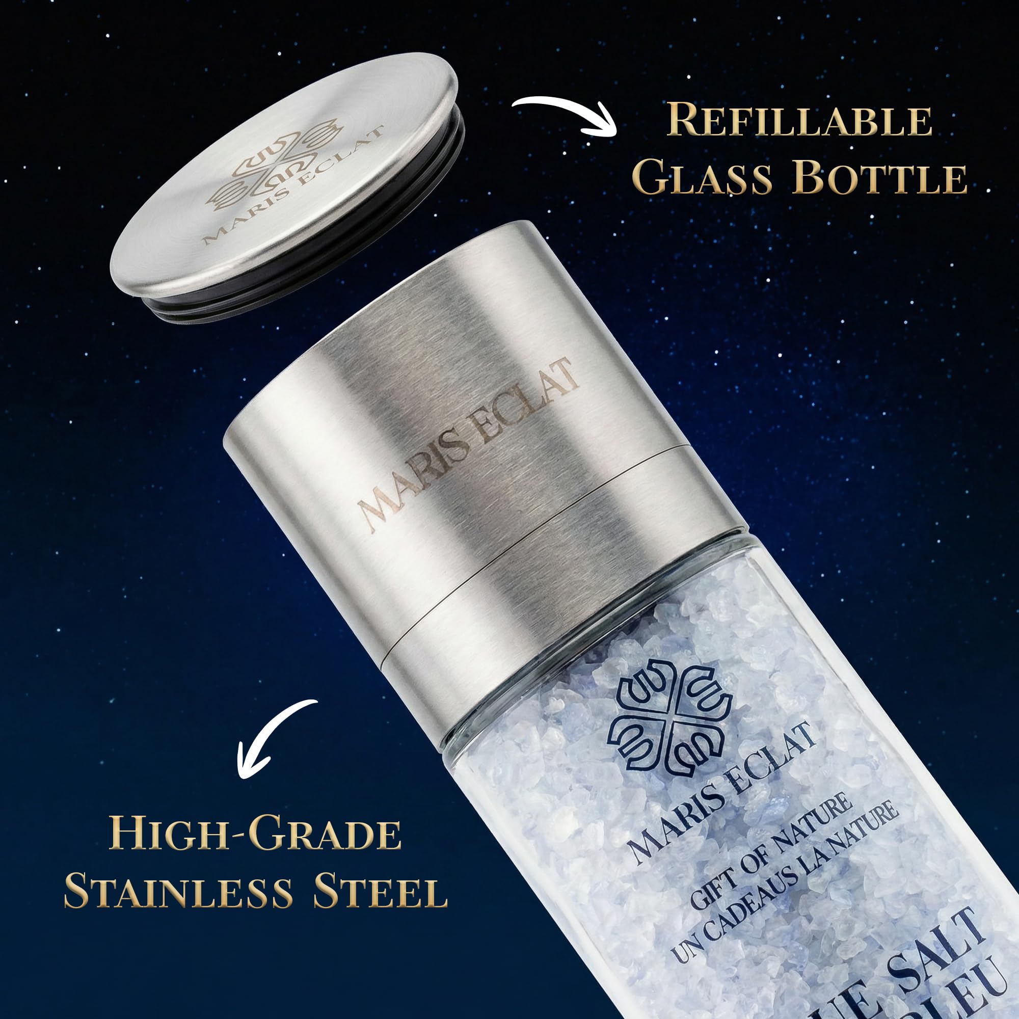Maris Eclat Blue Salt - Premium Gourmet Mineral Salt - Refillable Glass Grinder with Stainless Steel Top - Naturally Rich in Potassium, Lower in