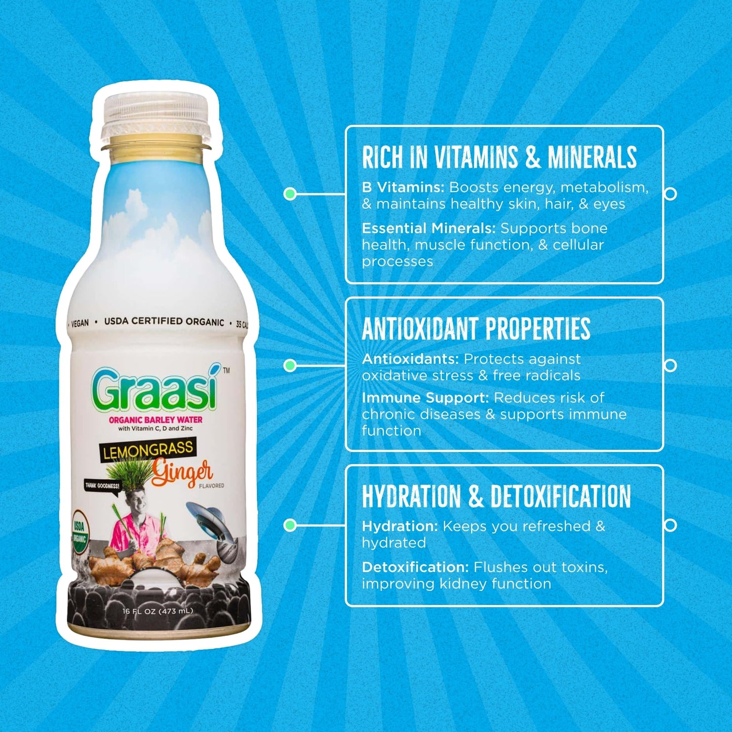 Graasi Organic Barley Grass Water | Hydration Drink with Vitamin C, D, Zinc | USDA Organic, Non-GMO, Vegan | Low-Calorie Wellness Beverage |