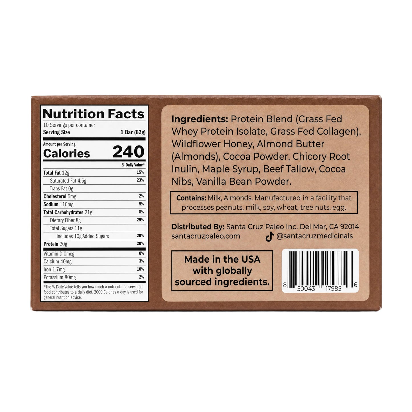 Santa Cruz Paleo Protein Bar - 20g Grass-Fed Whey & Collagen Protein - Wildflower Honey Sweetened, No Seed Oils, High Protein Snack Bar (Chocolate