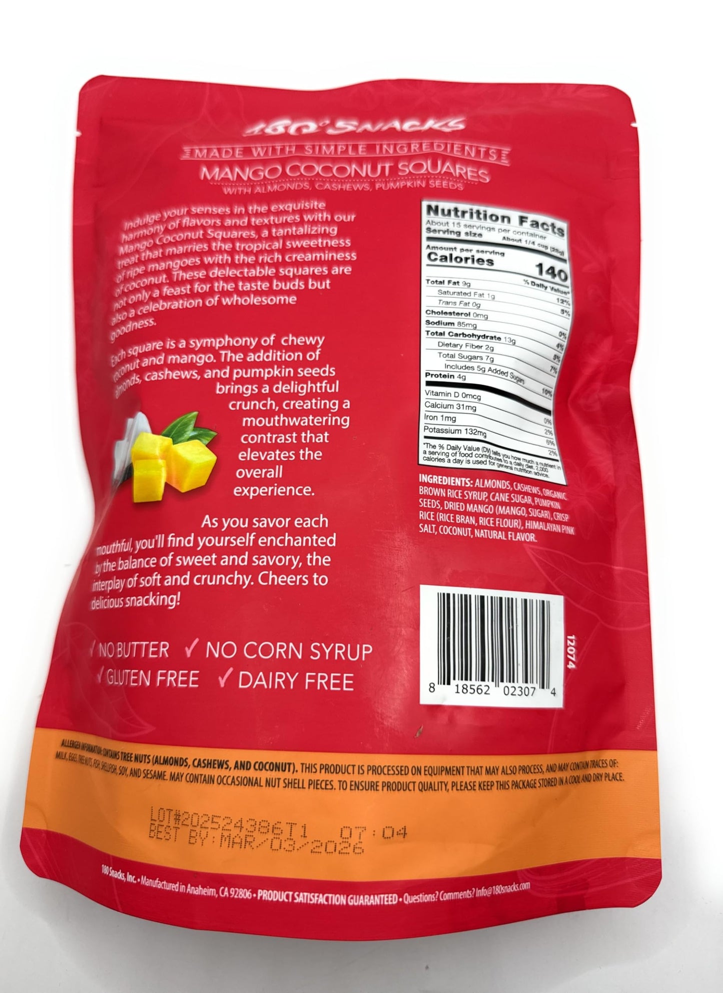 180 Snacks, Mango Coconut Squared, with Almonds, Cashews, Pumpkin Seeds