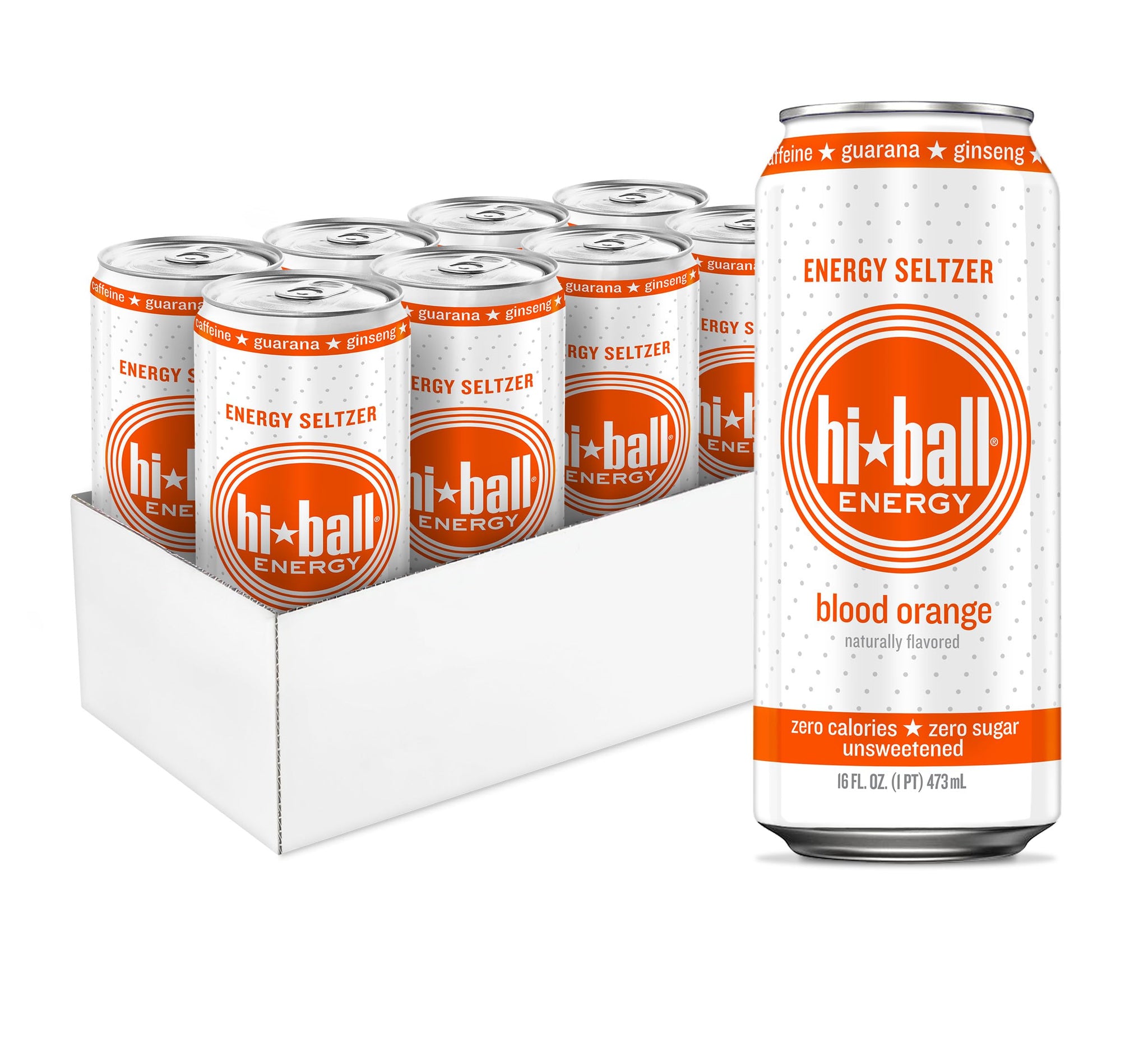 Hiball Clean Energy Drink - Blood Orange - Zero Sugar, Zero Calorie Sparkling Water with 160mg Organic Caffeine, 50mg Organic Ginseng, 50mg Organic