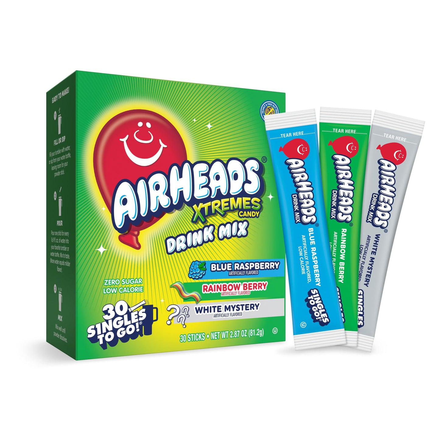 Airheads Xtreme Singles To Go! Drink Mix 30ct Variety Pack, Zero Sugar, Low Calorie, Sweet & Sour Powder Drink Mix Packets, Blue Raspberry, Rainbow