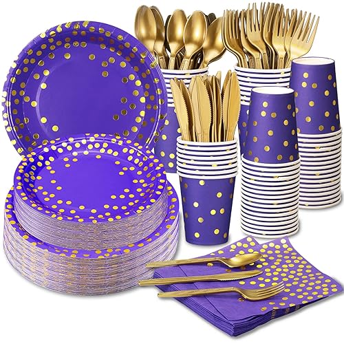 GuoZhiXin Purple and Gold Party Supplies 140 Pieces Golden Dot Disposable Party Dinnerware - Purple Paper Plates Napkins Cups, Gold Plastic Forks