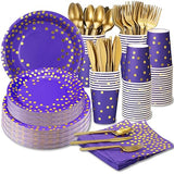 GuoZhiXin Purple and Gold Party Supplies 140 Pieces Golden Dot Disposable Party Dinnerware - Purple Paper Plates Napkins Cups, Gold Plastic Forks