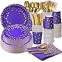 GuoZhiXin Purple and Gold Party Supplies 140 Pieces Golden Dot Disposable Party Dinnerware - Purple Paper Plates Napkins Cups, Gold Plastic Forks