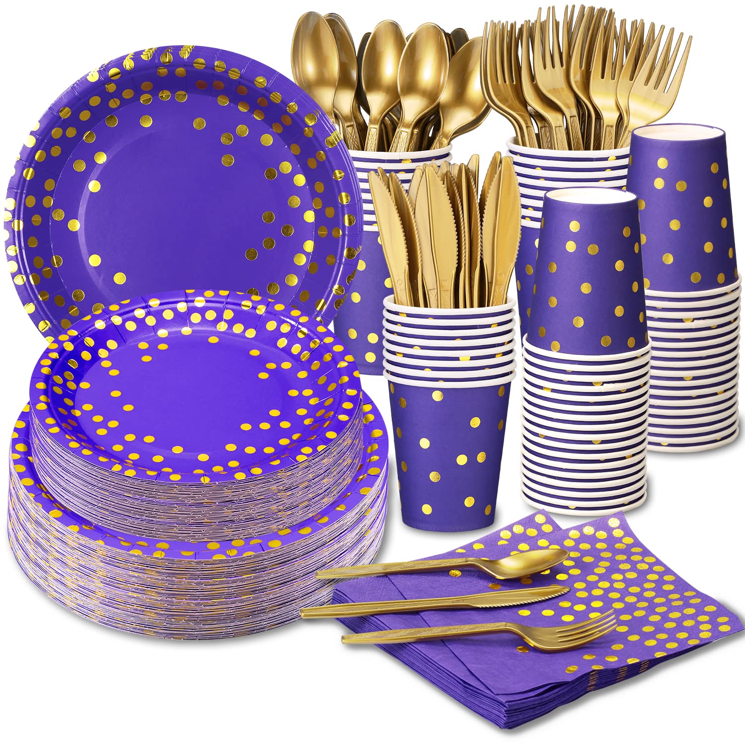 GuoZhiXin Purple and Gold Party Supplies 140 Pieces Golden Dot Disposable Party Dinnerware - Purple Paper Plates Napkins Cups, Gold Plastic Forks