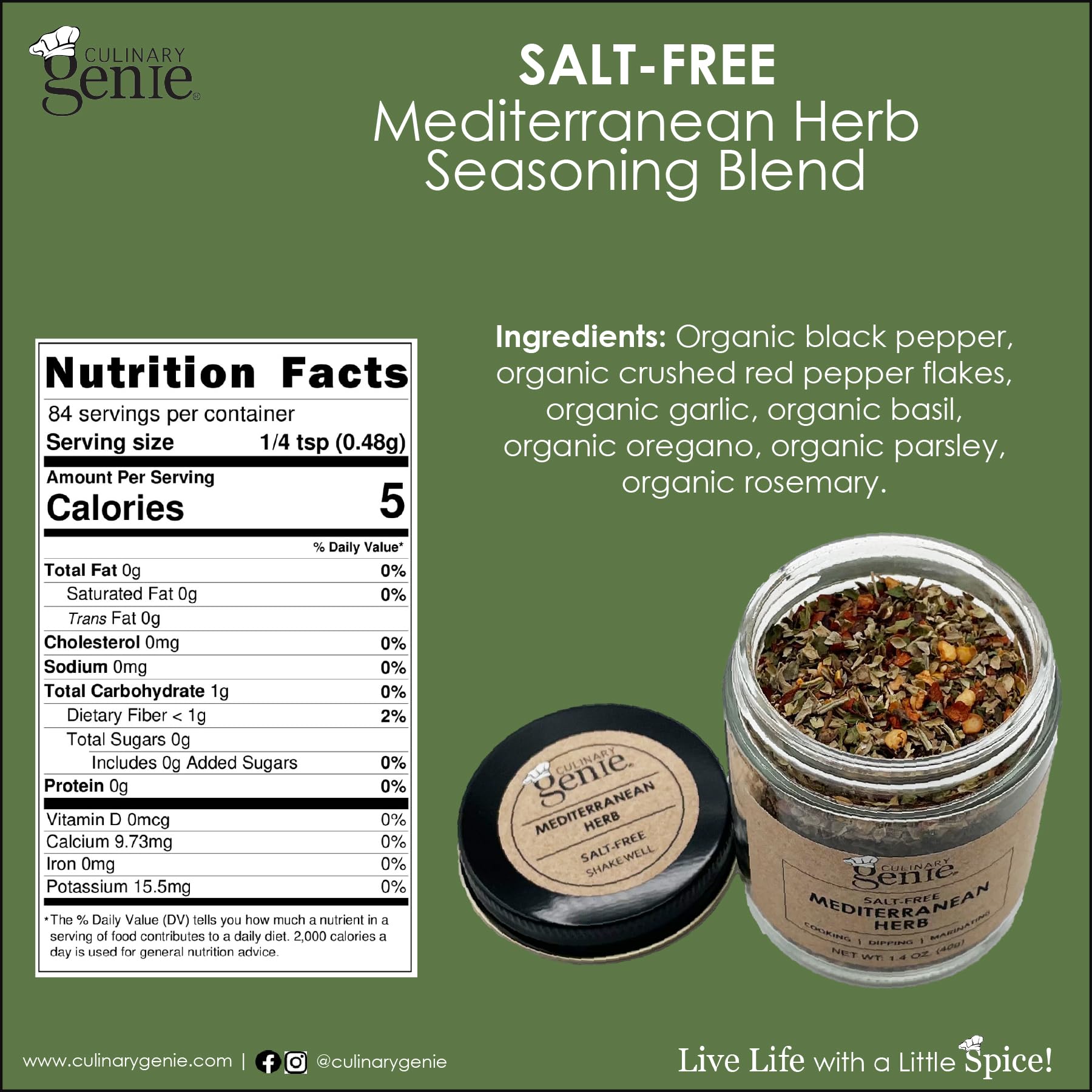 Culinary Genie Salt-Free Mediterranean Herb Seasoning Blend - Olive Oil Bread Dipping & All-Purpose Herb Blend, No Salt Added