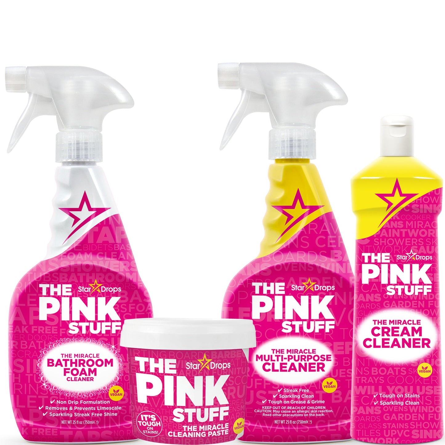 Stardrops - The Pink Stuff - Miracle Cleaning Ultimate Bundle - Paste, Multi-Purpose Spray, Bathroom Foam Spray, and Cream Cleaner - Ideal