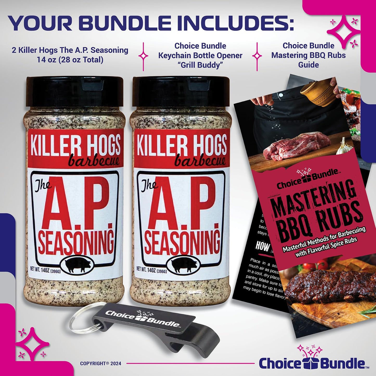 Killer Hogs AP Seasoning All Purpose Premium Barbecue Rub 2 pk (28 oz) + BBQ Guide & Bottle Opener (4 Items)!