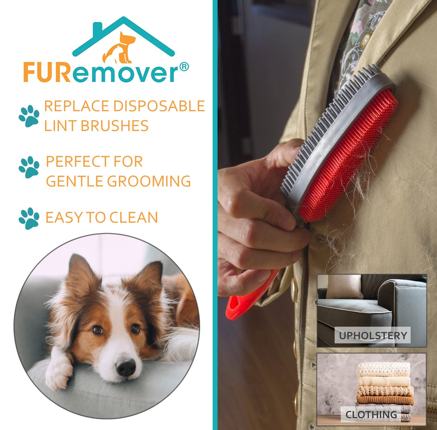 FURemover Duo Pet Hair Rubber Brush, Dual Sided to Easily Remove Fur and Lint from Clothing and Upholstery, Thick Bristles Groom Dogs and Cats, Easy