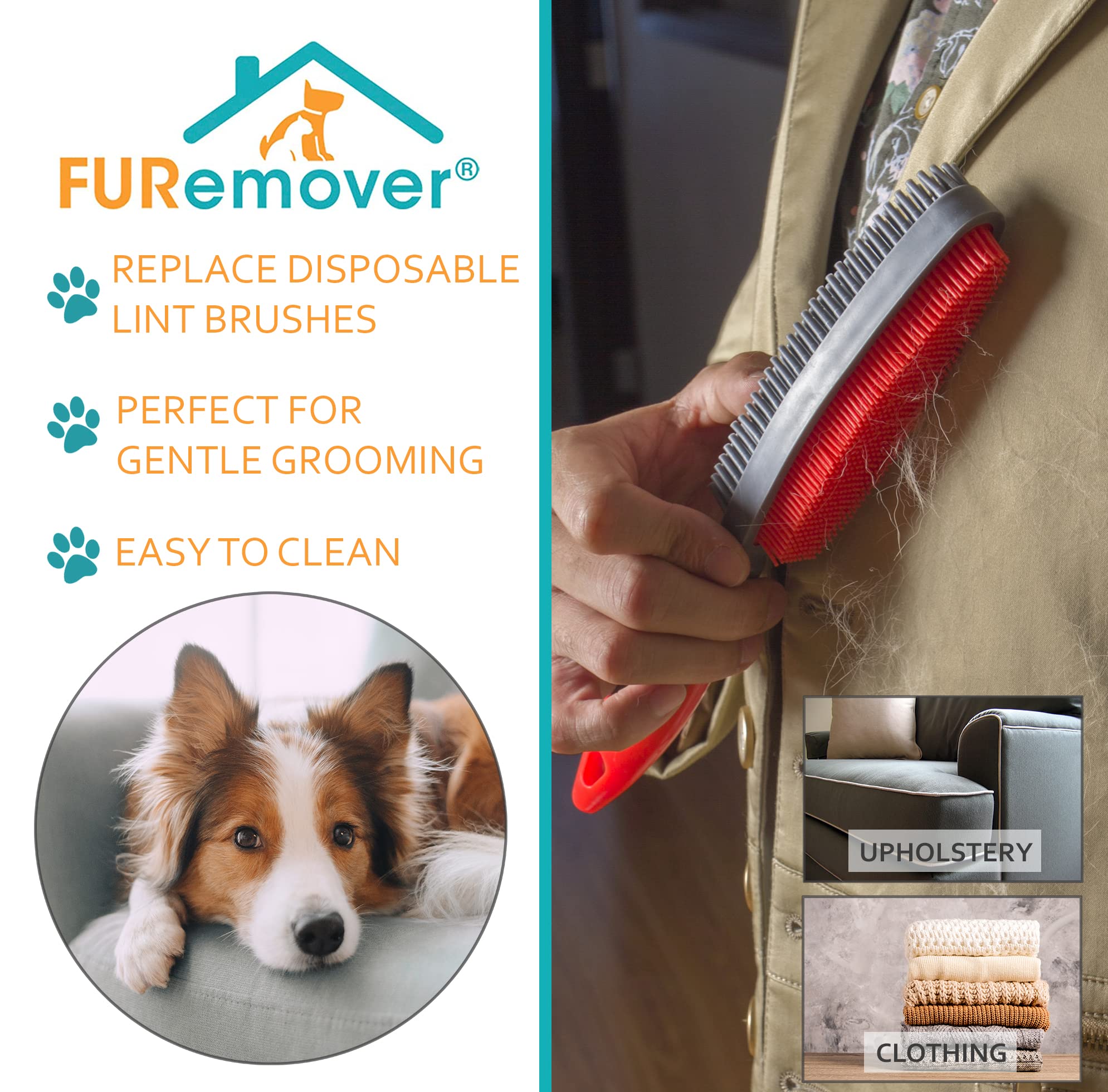 FURemover Duo Pet Hair Rubber Brush, Dual Sided to Easily Remove Fur and Lint from Clothing and Upholstery, Thick Bristles Groom Dogs and Cats, Easy