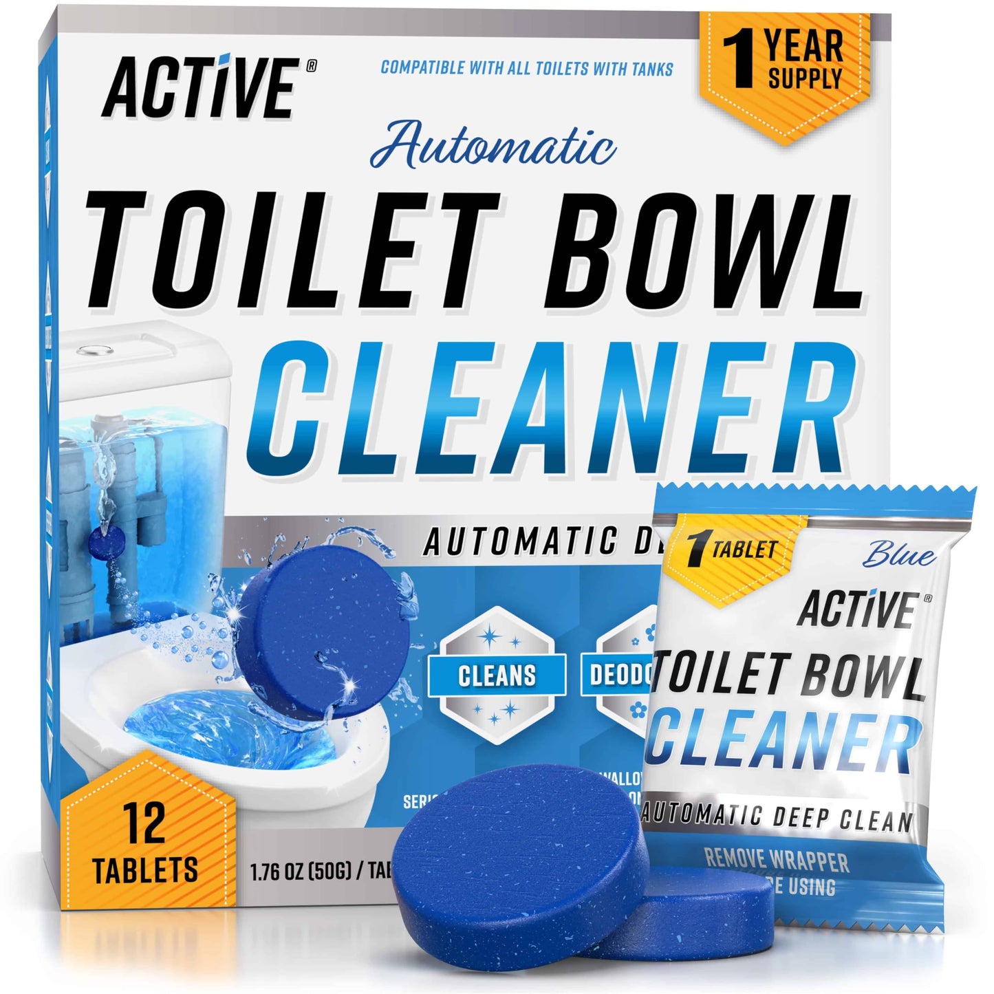 ACTIVE Automatic Toilet Bowl Cleaner Tablets Blue Gel Toilet Tank Cleaners, Septic-Safe Hard Water Ring Stain Remover, Smell Eliminator Heavy Duty